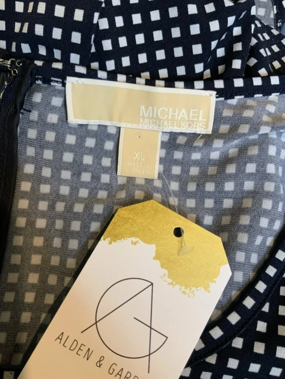 Michael Kors Navy Blue & White Check Fit & Flare Dress, Size XL